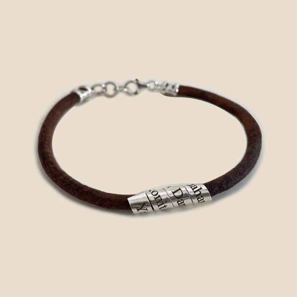 Personalized Hebrew Engraved Silver and Leather Bracelet