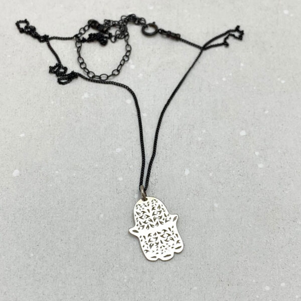 Delicate Hamsa Pendant Blackened Silver Jewish Symbol Necklace