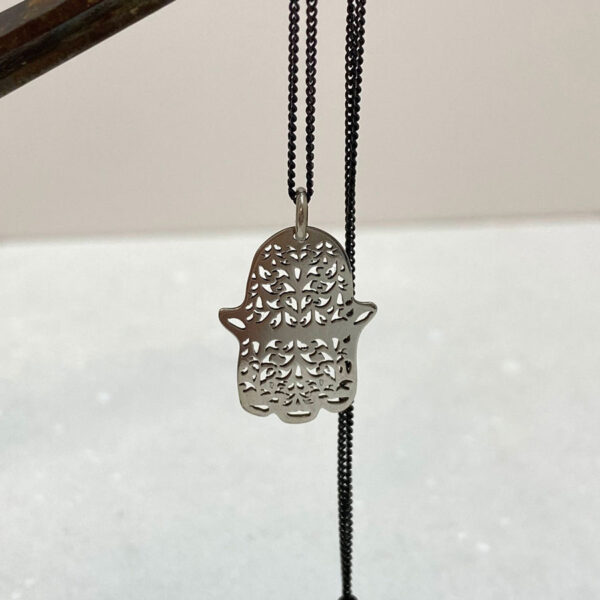 Delicate Hamsa Pendant Blackened Silver Jewish Symbol Necklace