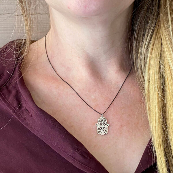 Delicate Hamsa Pendant Blackened Silver Jewish Symbol Necklace