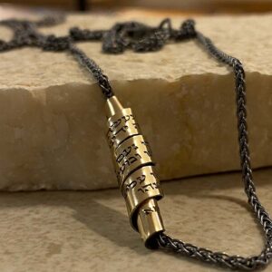 Blackened silver Hebrew necklace with a gold filled pendant engraved with Psalm 90:17