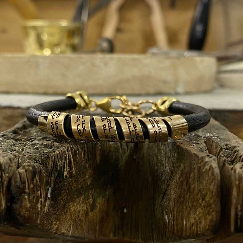 Leather Bracelet with Gold-Filled Ana Bekoach Hebrew Pendant